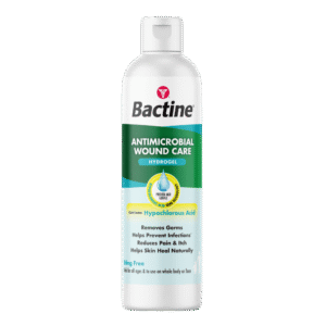 White bottle with a green and turquoise label. Label text: “Bactine®”; “ANTIMICROBIAL WOUND CARE”; “HYDROGEL”; “HYPOCHLOROUS ACID SKIN TECHNOLOGY”; “PROVEN AND GENTLE”; “CONTAINS Hypochlorous Acid”; “Removes Germs”; “Helps Prevent Infections*”; “Reduces Pain & Itch”; “Helps Skin Heal Naturally”; “Sting Free”; “Safe for all ages & to use on whole body or face”.