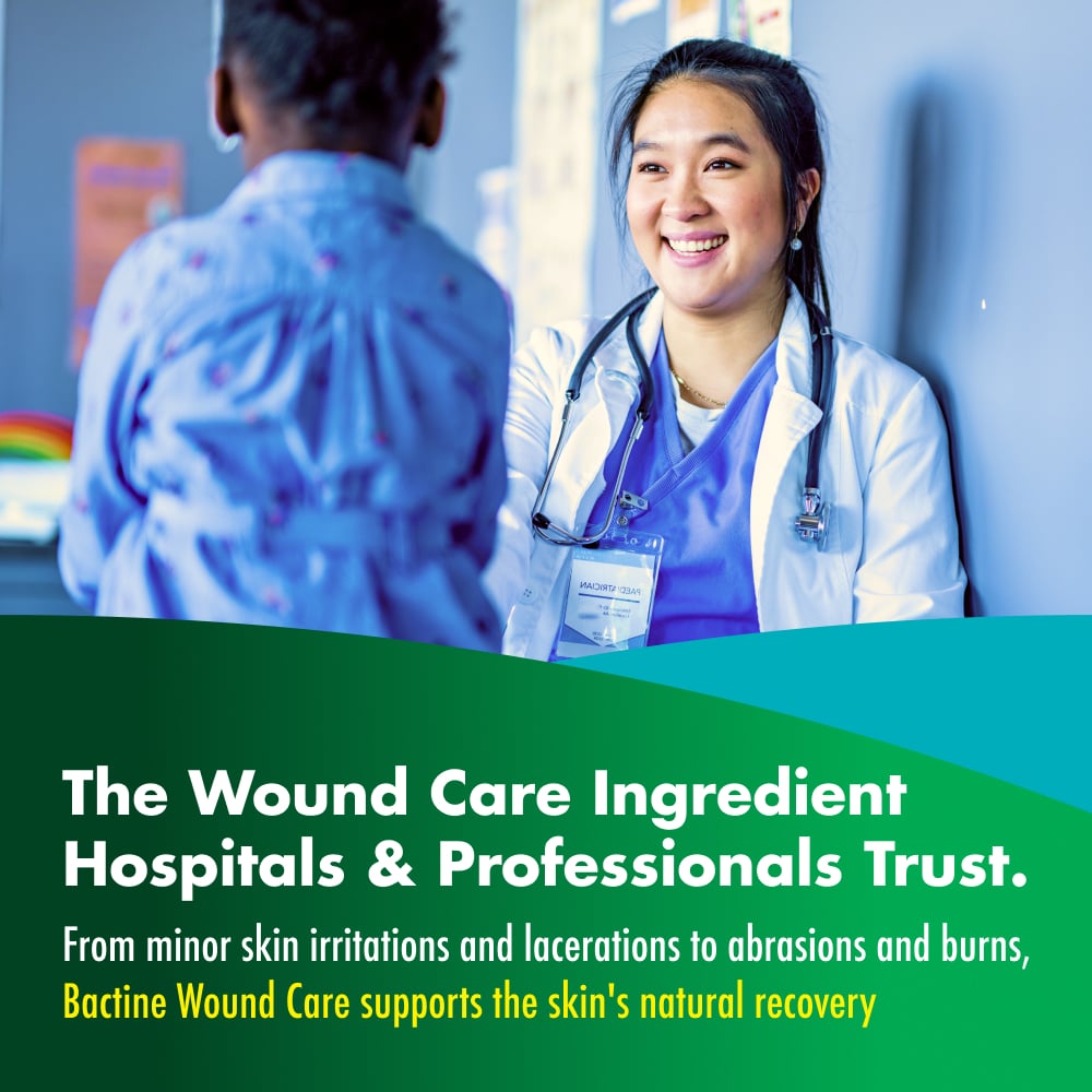 A doctor with a white coat and stethoscope smiles at a child in an examination room. Text: “The Wound Care Ingredient Hospitals & Professionals Trust.”; “From minor skin irritations and lacerations to abrasions and burns, Bactine Wound Care supports the skin's natural recovery”.