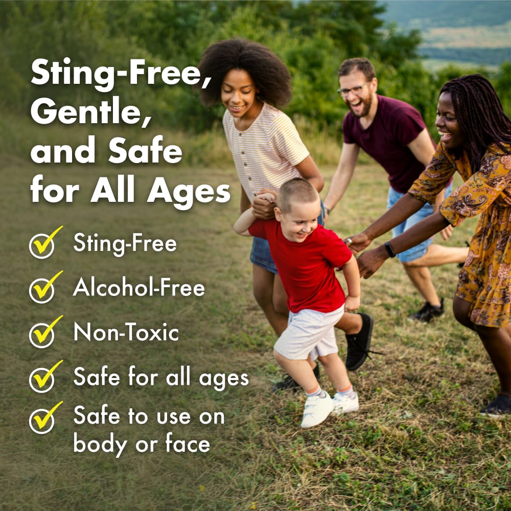 Two adults and two children play outdoors on grass beside a checklist with yellow check marks. Text: “Sting-Free, Gentle, and Safe for All Ages”; “Sting-Free”; “Alcohol-Free”; “Non-Toxic”; “Safe for all ages”; “Safe to use on body or face”.