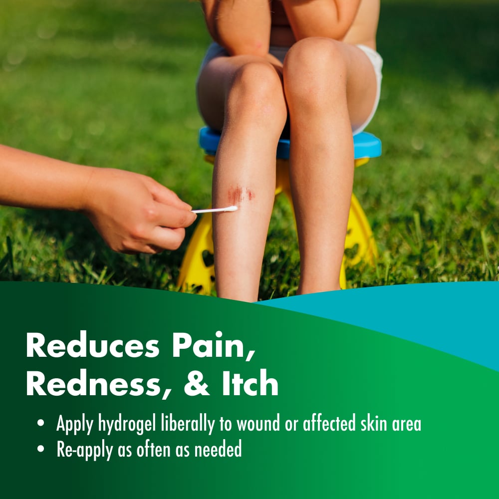An adult uses a cotton swab on a scrape on a child’s shin. The child sits on a small stool outdoors. Text: “Reduces Pain, Redness, & Itch”; “Apply hydrogel liberally to wound or affected skin area”; “Re-apply as often as needed”.
