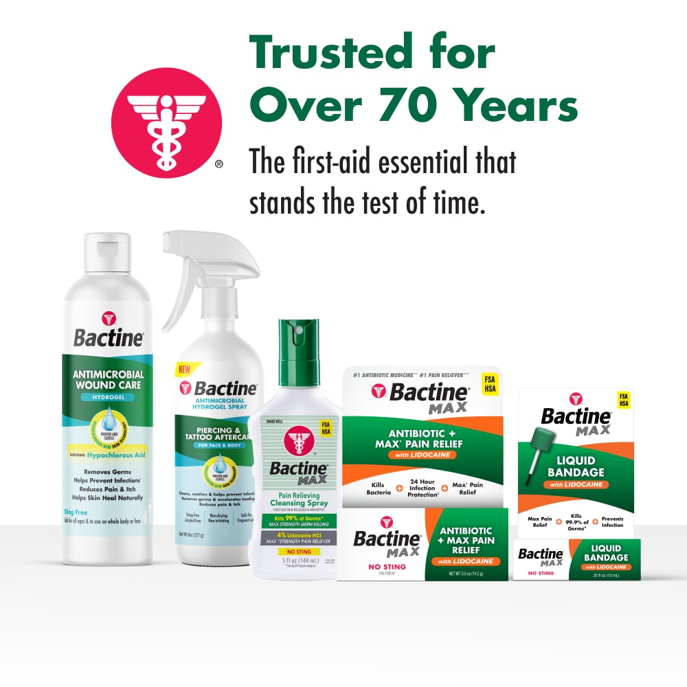 Five first-aid products appear beneath a red medical emblem. Headline text: “Trusted for Over 70 Years”; “The first-aid essential that stands the test of time.”